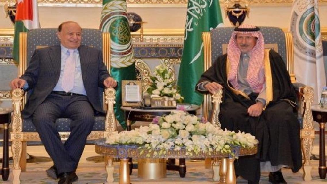 Yemeni President Abd Rabuh Mansur Hadi is received by Prince Mohammed bin Saad bin Abdulaziz, Vice Governor of Riyadh as he arrives for the summit
