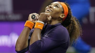 Serena Williams of the U.S. reacts after defeating Petra Kvitova of the Czech Republic during their women’s quarter-final match at the Qatar Open tennis tournament in Doha Feb. 15, 2013. (Reuters)