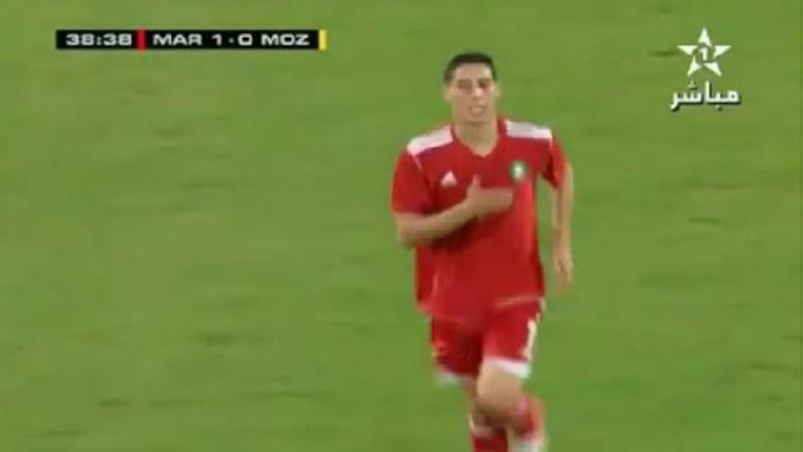 Abdelaziz Barrada scored the first goal for Morocco in an African Cup of Nations qualifier against Mozambique. (Image grab from Morocco’s Channel 1)