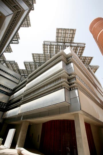 Solar panels atop of a building in Masdar City.