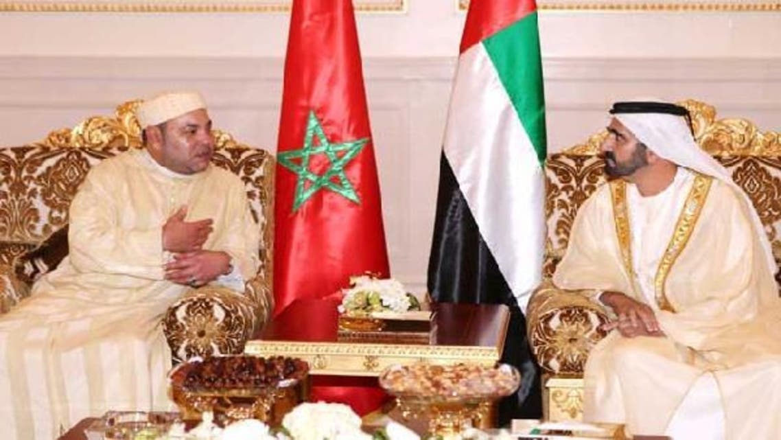 Morocco’s King Mohammed VI (L) meets with United Arab Emirates’ Vice President and Prime Minister and Ruler of Dubai Sheikh Mohammed bin Rashid al-Maktoum upon his visit in Dubai. (Reuters)
