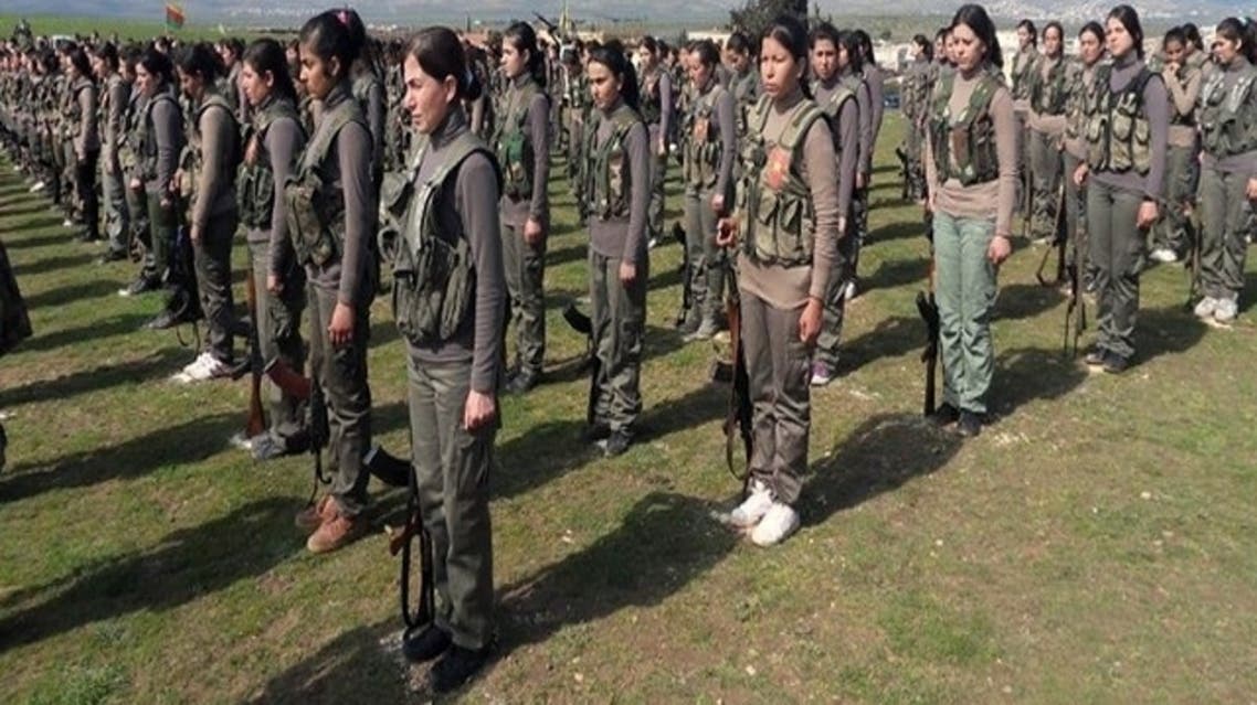 Syrian Observatory for Human Rights (SOHR) photograph of members of the first Kurdish female battalion named ‘Martyr Rokan Battalion’ lining up in military fatigues in the northwestern Syrian city of Afrin, on the Syria-Turkey border, on Feb. 22, 2013. (AFP)