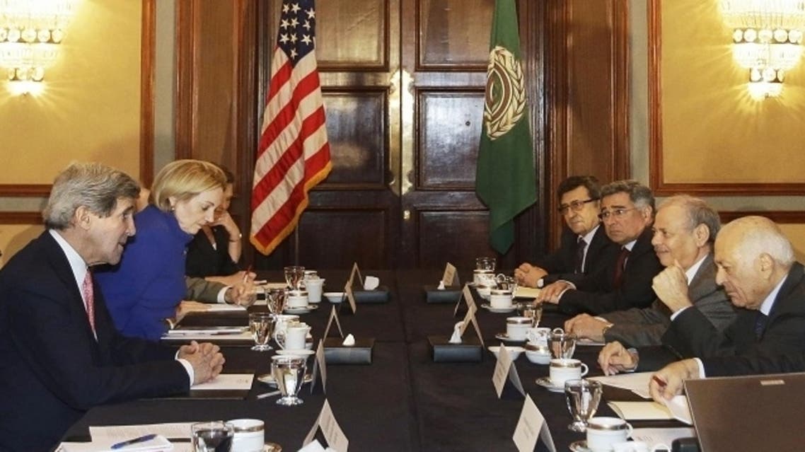 U.S. Secretary of State John Kerry (L) meets with Arab League Secretary General Nabil El-Arabi (R), in Cairo March 2, 2013. (AFP)