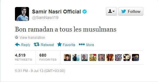 تغريدة اللاعب سمير نصري بحلول شهر رمضان المبارك