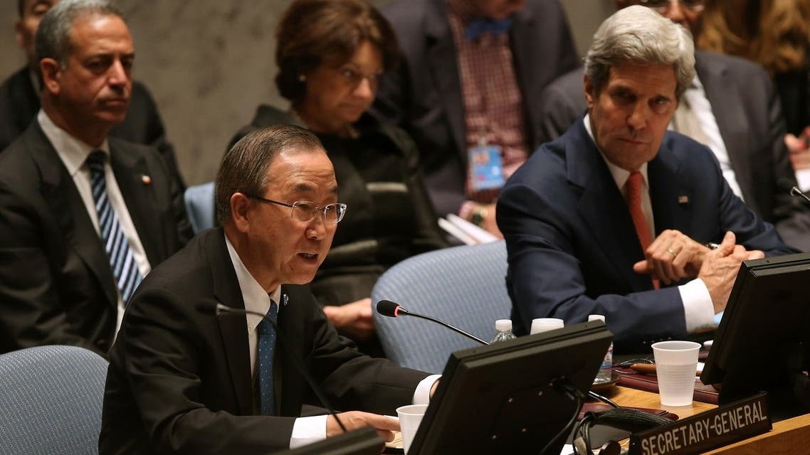 U.N. chief Ban Ki-moon speaks while sitting next to U.S. Secretary of State John Kerry at a Security Council meeting on July 25, 2013 in New York City. (AFP)