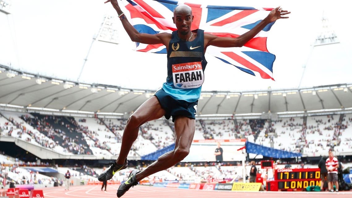 Mo Farah of Britain clicks his heels after winning the men's 3000m at the London Diamond League 'Anniversary Games' athletics meeting at the Olympic Stadium, in east London July 27, 2013. (Reuters)