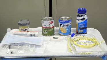 Liquid food supplements are displayed at a feeding chair at the US Naval Base in Guantanamo Bay, Cuba on August 7, 2013. AFP