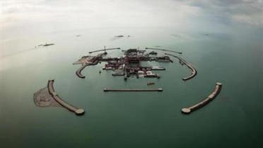 An aerial view shows artificial islands on Kashagan offshore oil field in the Caspian sea, western Kazakhstan. (Reuters)