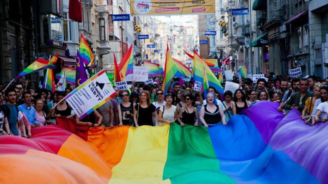 Gay and human rights activists march during anti-government protests on Istiklal Street, the main shopping corridor on June 23, 2013 in Istanbul.  (AFP)