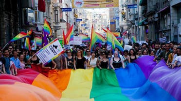 Gay and human rights activists march during anti-government protests on Istiklal Street, the main shopping corridor on June 23, 2013 in Istanbul.  (AFP)