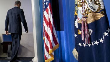President Barack Obama leaves the White House press room after speaking about the government shutdown Picture: AFP