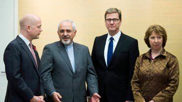 L-R) British Foreign Secretary William Hague, Iranian Foreign Minister Mohammad Javad Zarif, Germany's Foreign Minister Guido Westerwelle and EU foreign policy chief Catherine Ashton