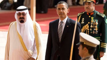 .S. President Barack Obama (C) is welcomed to the Kingdom of Saudi Arabia by King Abdullah (L) at King Khalid International Airport in Riyadh June 3, 2009. (Reuters)