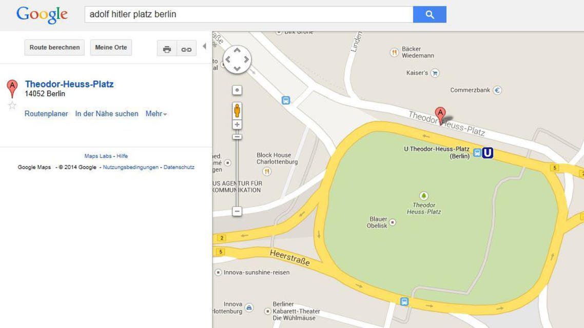 A screenshot made on Jan.10, 2014 from the Google Maps website shows an online map of Berlin with Theodor Heuss-Plazt Square resulting from a search of its Nazi-era name "Adolf Hitler." (File photo: AFP)