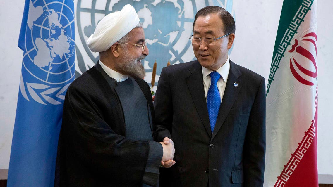 U.N. Secretary-General Ban Ki-moon (R) greets Iran's President Hassan Rowhani during the U.N. General Assembly at U.N. Headquarters in New York in this file photo taken Sept. 26, 2013. (Reuters)