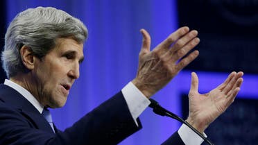 U.S. Secretary of State John Kerry delivers his speech at the World Economic Forum in Davos, Switzerland January 24, 2014. Kerry returns to the United States tomorrow. 