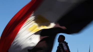 A demonstrator carries an Egyptian flag near Tahrir square where demonstrators are gathering to mark the first anniversary of Egypt's uprising, January 25, 2012.