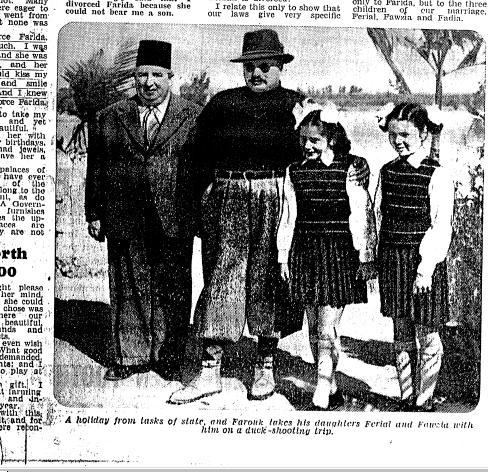 A scanned picture from Farouk's memoirs showing him with two of his daughters, Ferial and Fawzia, on a duck-shooting trip (Empire News, Oct. 26, 1952) 2