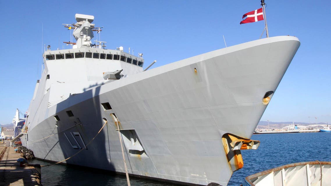 A Danish frigate, which is part of a joint Danish-Norwegian task force that will assist in overseeing the transportation of lethal chemical agents out of Syria, docks at Limassol port, Dec.14, 2013. (Reuters)