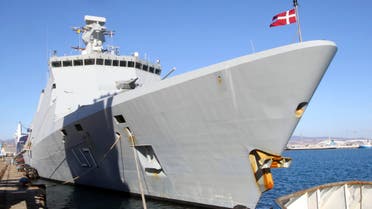 A Danish frigate, which is part of a joint Danish-Norwegian task force that will assist in overseeing the transportation of lethal chemical agents out of Syria, docks at Limassol port, Dec.14, 2013. (Reuters)