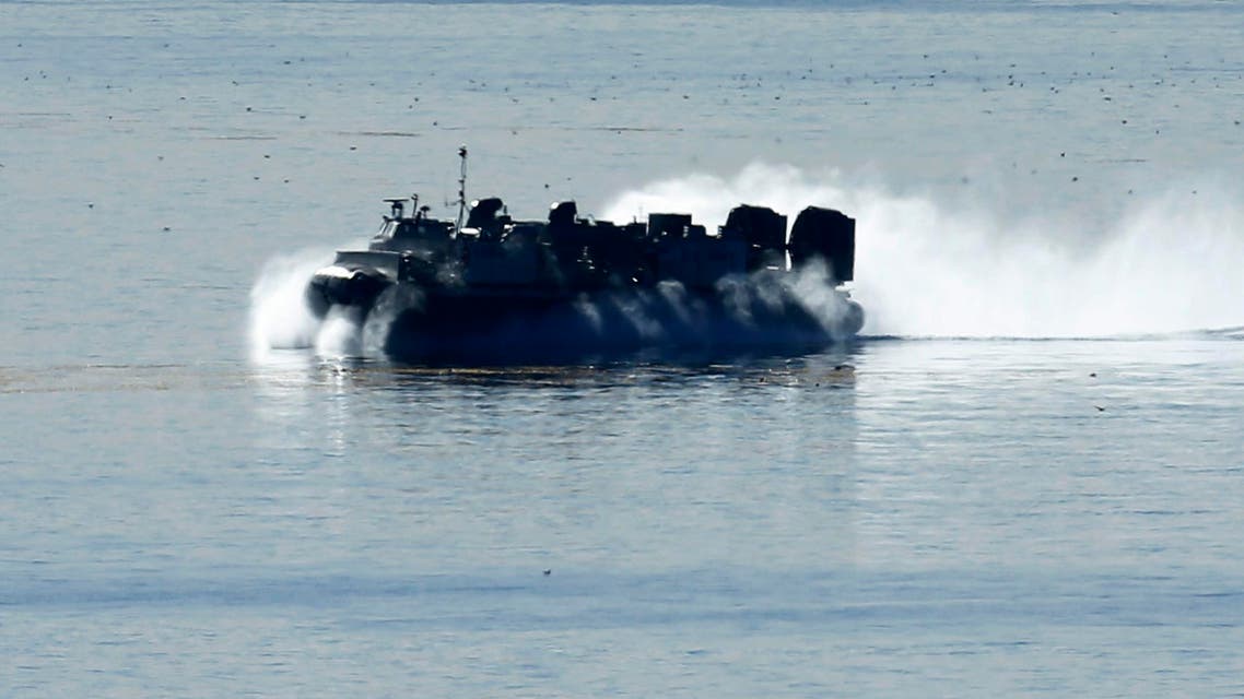 U.S. marines in a Navy hovercraft take part in a week-long training exercise called "Steel Knight" along the pacific ocean in Camp Pendleton, California