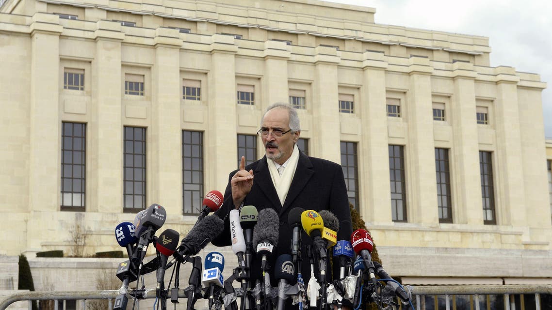 Syria's permanent representative at the United Nations Bashar al-Jaafari speaks during a press conference on the Syrian peace talks in front of the "Palais des Nations" at the United Nations headquarters on February 15, 2014 in Geneva. AFP