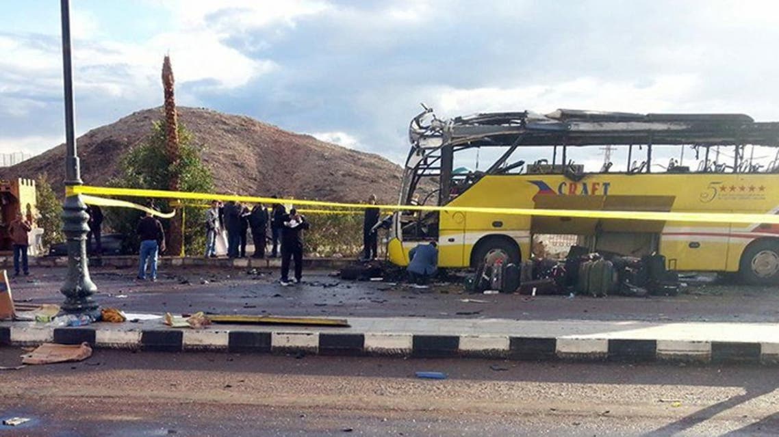 A picture taken on February 16, 2014, shows the wreckage of a tourist bus at the site of a bomb explosion in the Egyptian south Sinai resort town of Taba.