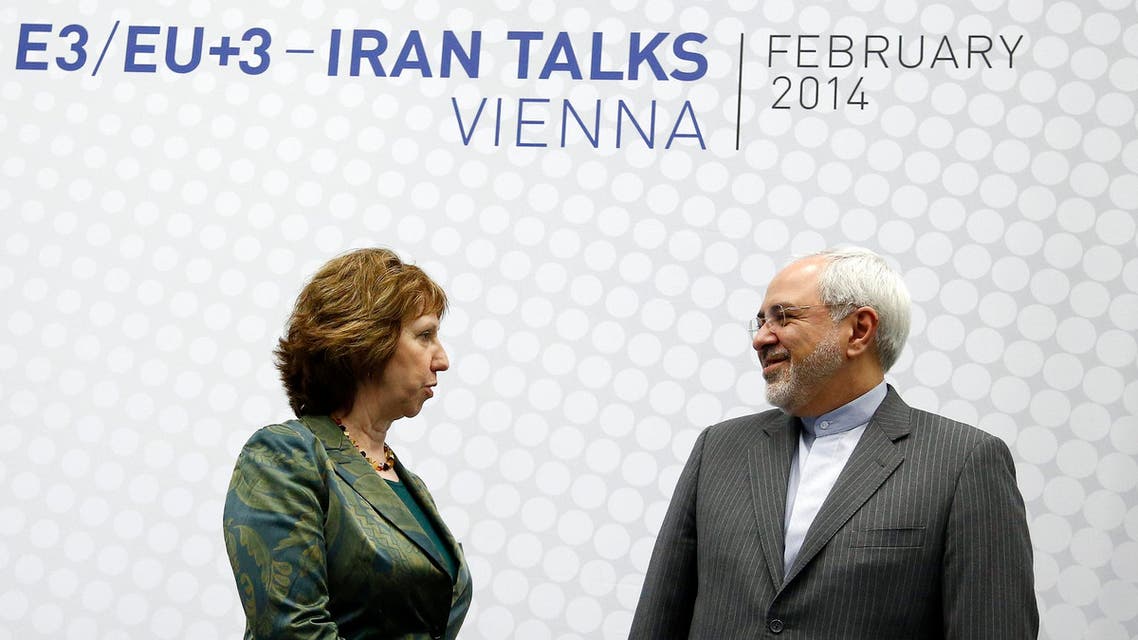 REFILE - CORRECTION IDENTIFICATION European Union foreign policy chief Catherine Ashton (L) and Iranian Foreign Minister Mohammad Javad Zarif pose before the start of a conference in Vienna