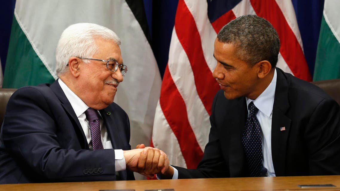 U.S. President Barack Obama (R) meets with Palestinian President Mahmoud Abbas during the United Nations General Assembly in New York September 24, 2013. reuters