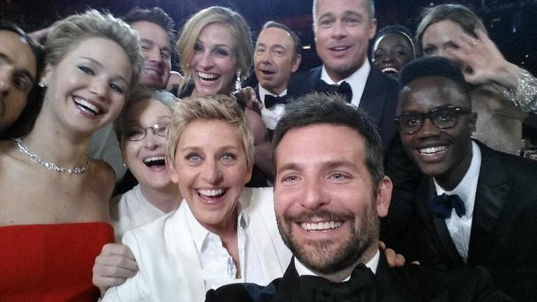 Ellen Degeneres takes a selfie at the 2014 Academy Awards