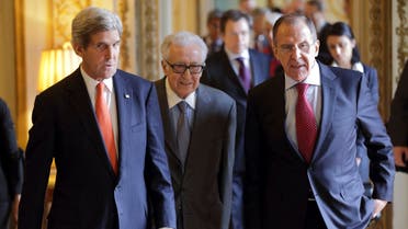 U.S. Secretary of State John Kerry (L), U.N.-Arab League envoy for Syria Lakhdar Brahimi (C) and Russia's Foreign Minister Sergei Lavrov (R) arrive at a news conference at the U.S. ambassador's residence in Paris, January 13, 2014. 