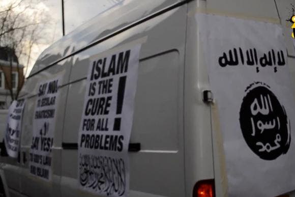 The extremists’ van is emblazoned with a logo used by ISIS jihadists in Syria. (Courtesy: The Sunday Times) 