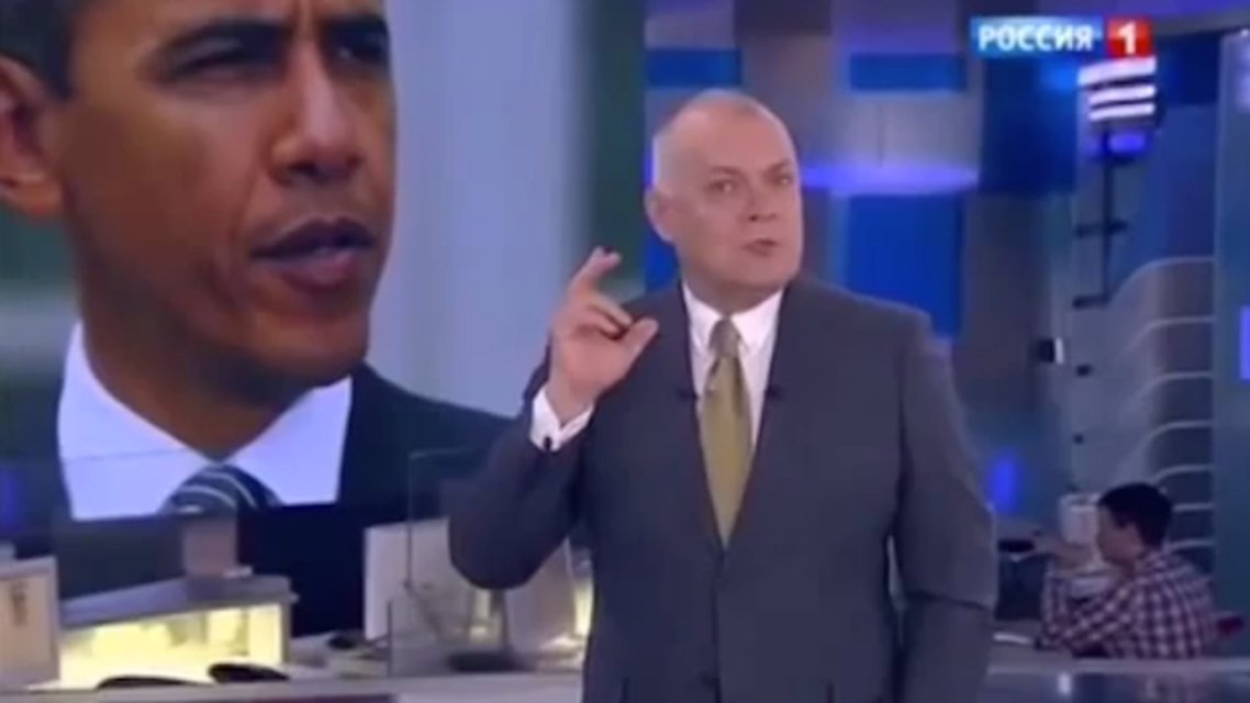 Dmitry Kiselyov had previously warned that Russia was capable of turning the U.S. into 'radioactive dust'. (Photo courtesy: Rossiya-1)