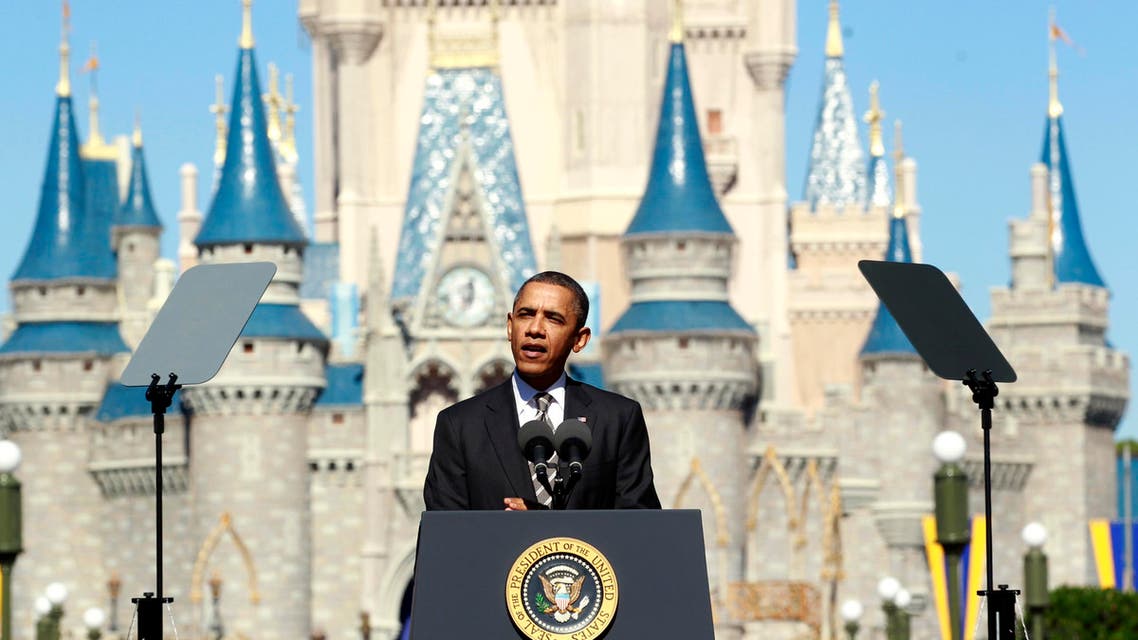 U.S. President Barack Obama unveils a strategy aimed at boosting tourism and travel in front of Cinderella's Castle at Disney World's Magic Kingdom in Orlando January 19, 2012. reuters