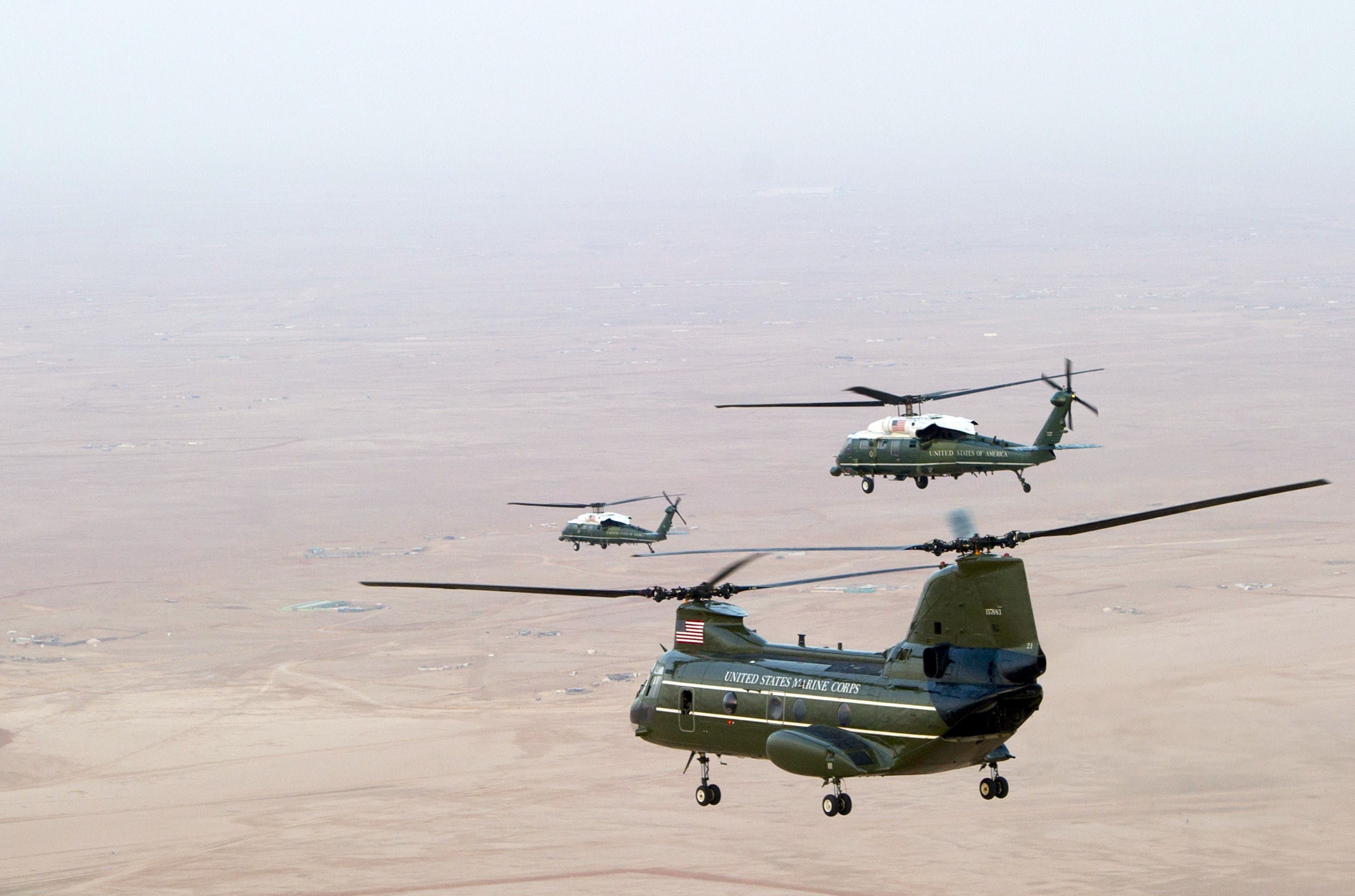  US Marine Corps helicopters escort US President Barack Obama to Rawdat Khurayim, Saudi King Abdullah's desert camp 60 KM (35 miles) northeast of Riyadh, on March 28, 2014.