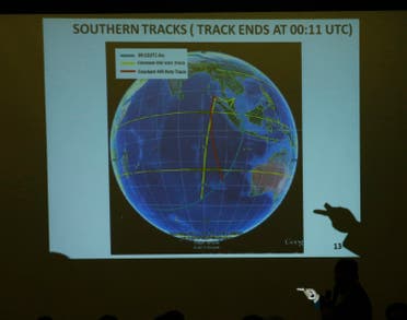 A map showing possible track of Malaysia Airlines MH370 shown to relatives of passengers aboard the missing plane. (Reuters)