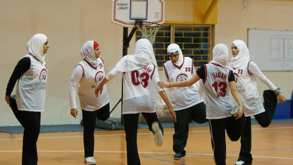 Saudi Arabia's Jeddah United warm up before their friendly basketball game against Jordan's Al Reyadeh in Amman April 21, 2009. (Reuters)