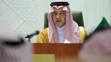 Saudi Foreign Minister Prince Saud bin al-Faisal speaks to reporters during a joint press conference with his Algerian counterpart Ramtane Lamamra (unseen) following their meeting in Riyadh, on April 15, 2014. (AFP)