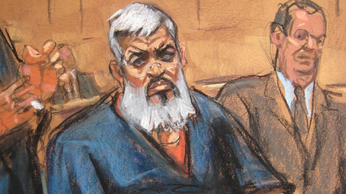 Abu Hamza al-Masri, the radical Islamist cleric facing U.S. terrorism charges, sits with his legal team in Manhattan federal court in New York in this artist's sketch October 26, 2012. (Reuters)