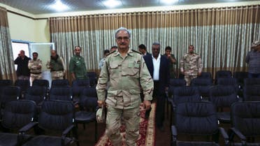General Khalifa Haftar walks to a news conference at a sports club in Abyar, a small town to the east of Benghazi. May 17, 2014. (Haftar)