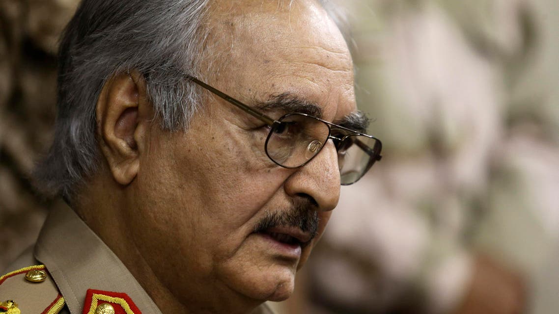 General Khalifa Haftar speaks during a news conference in Abyar, a small town to the east of Benghazi, May 31, 2014. (Reuters)