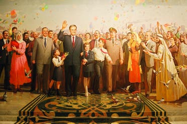 Portrait of Hafez al-Assad, October War Panorama, Damascus, Syria  As painted by the North Korean artists who worked on the building. There are very similar 'personality cult' style paintings of Kim Il Sung in Pyongyang. North Korea.
