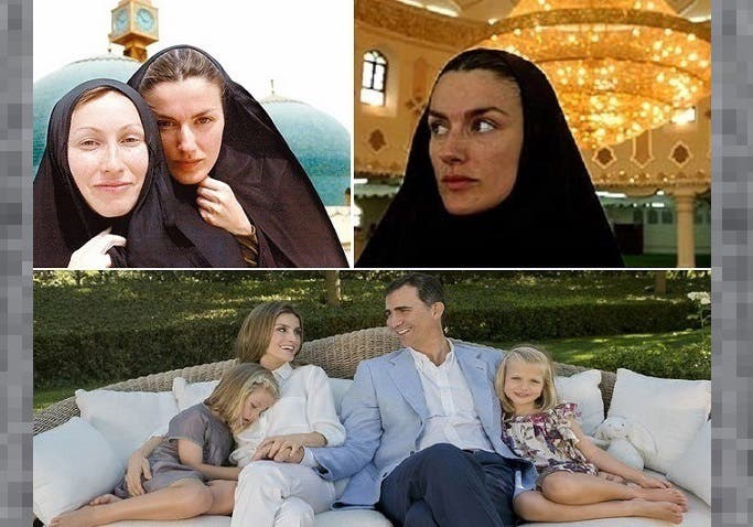 فوق: داخل مسجد في ابريل 2003 بالبصرة، ومتحجبة خلف صحافية ألمانية تغطي مثلها غزو العراق، ثم ليتيثيا وزوجها الأمير فيليبي، وابنتاهما الوحيدتان