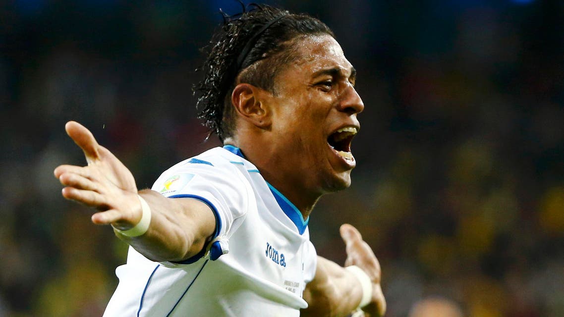 Carlo Costly of Honduras celebrates after scoring a goal during their 2014 World Cup Group E soccer match against Ecuador