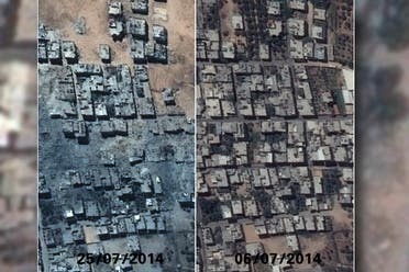 صورة من الاقمار الاصطناعية توضح تغير معالم حي الشجاعية قبل وبعد القصف الاسرائيلي في غزة