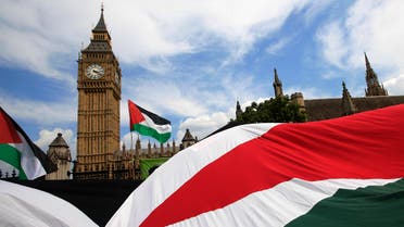 Demonstrators carry Palestinian flags as they protest outside the Houses of Parliament in central London July 26, 2014. (Reuters) 