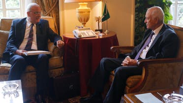 Palestinian chief negotiator Saeb Erekat (L) talks with Arab League Chief Nabil el-Araby during their meeting at the Arab League in Cairo August 11, 2014 reuters