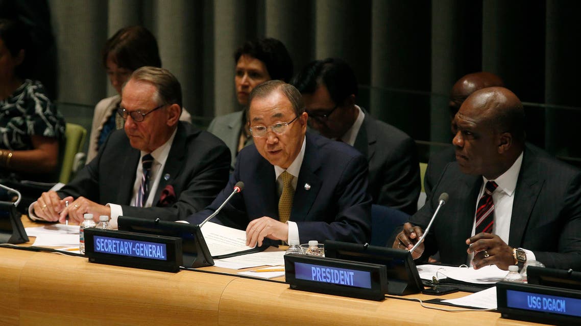 United Nations Secretary-General Ban Ki-moon (C) addresses an informal meeting of the 193-member U.N. General Assembly on the conflict in Gaza at U.N. headquarters in New York, August 6, 2014. Reuters