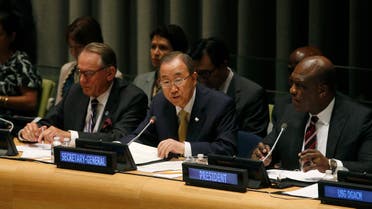 United Nations Secretary-General Ban Ki-moon (C) addresses an informal meeting of the 193-member U.N. General Assembly on the conflict in Gaza at U.N. headquarters in New York, August 6, 2014. Reuters 