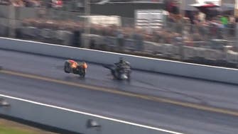 Drag racer clings onto rival’s motorbike after 300km/h crash 